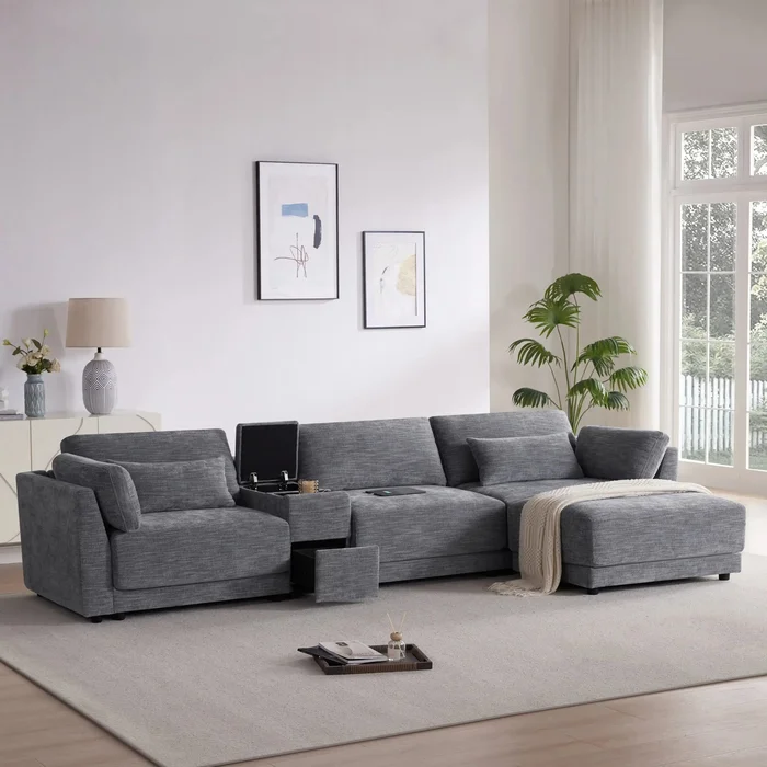 124″ Modular L-Shaped Chenille Sectional Sofa with Storage, USB Charger