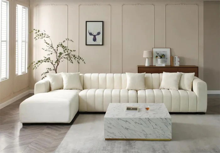 139” Channel Tufted Sofa Velvet Upholstered Left Chaise Modular Sofa beige