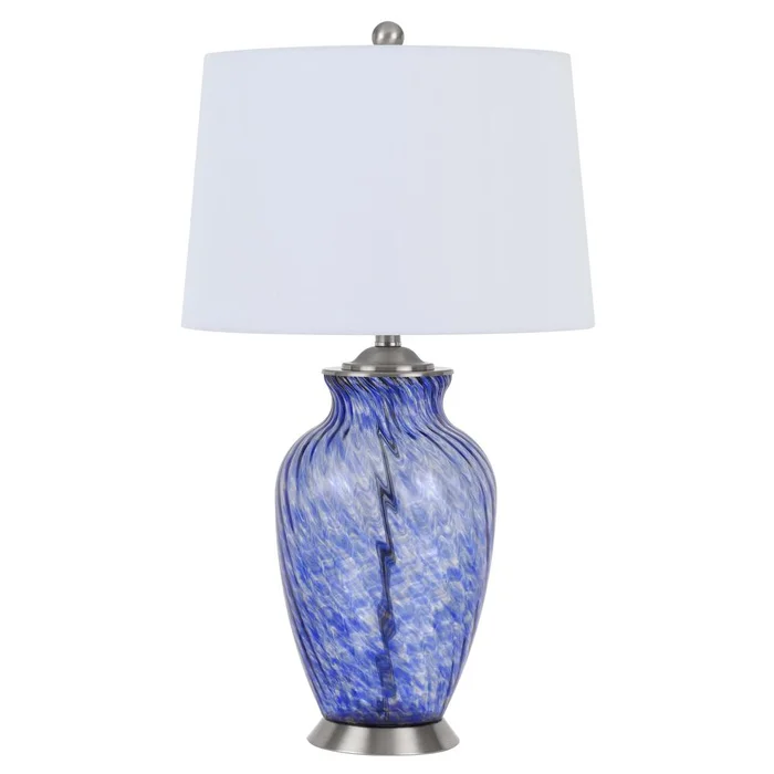 150W 3 Way Ashland Glass Table Lamp With Hardback Taper Drum Fabric Shade By Cal Lighting – Sky Blue