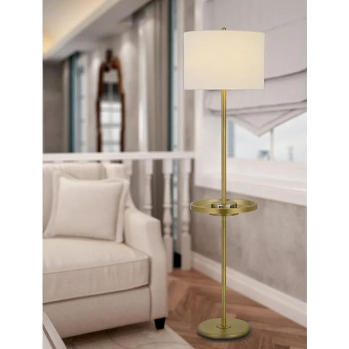 150W 3 Way Crofton Metal Floor Lamp With Centered Metal Tray Table With 2 Usb Charging Ports And Weighted Metal Base, Antique Brass By Cal Lighting – Antique brass