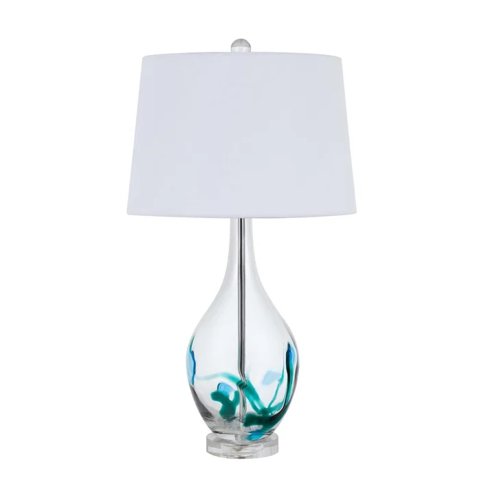 150W 3 Way Harlan Glass Table Lamp With Hardback Taper Drum Fabric Shade By Cal Lighting – Clear / Turquoise