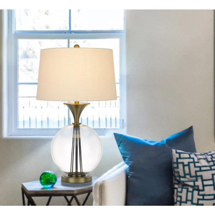 150W 3 Way Moxee Glass/Metal Table Lamp With Hardback Taper Drum Fabric Shade, Glass/Antique Brass By Cal Lighting – Glass/Antique Brass