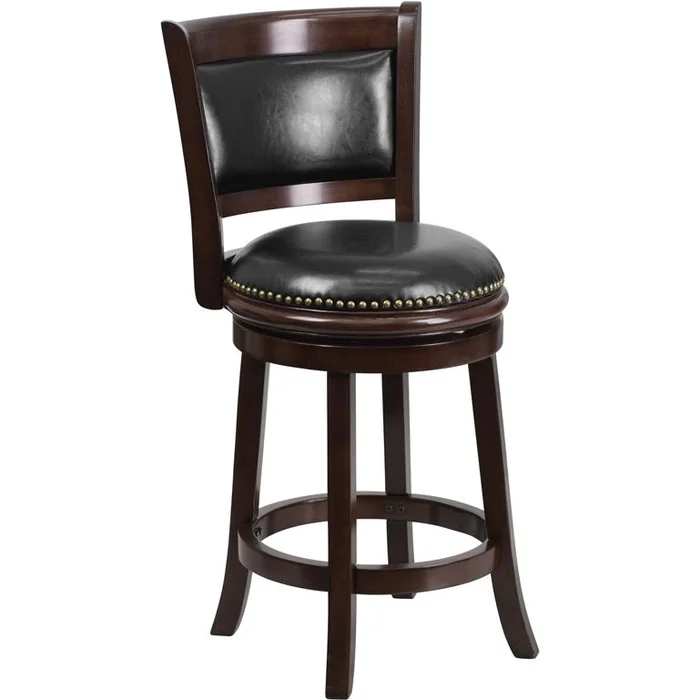 24” High Cappuccino Wood Counter Height Stool With Panel Back And Black Leathersoft Swivel Seat By Flash Furniture – Cappuccino