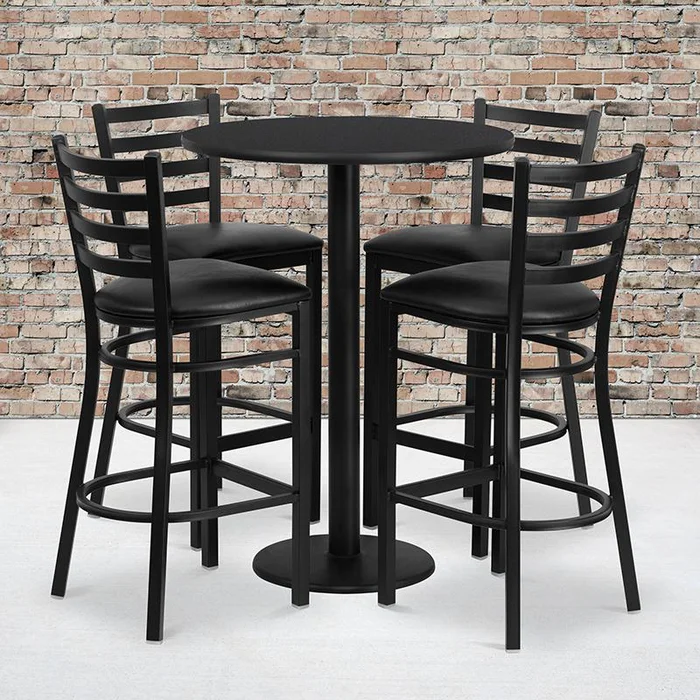 30” Round Black Laminate Table Set With Round Base And 4 Ladder Back Metal Barstools – Black Vinyl Seat By Flash Furniture – Black Top , Black Vinyl Seat