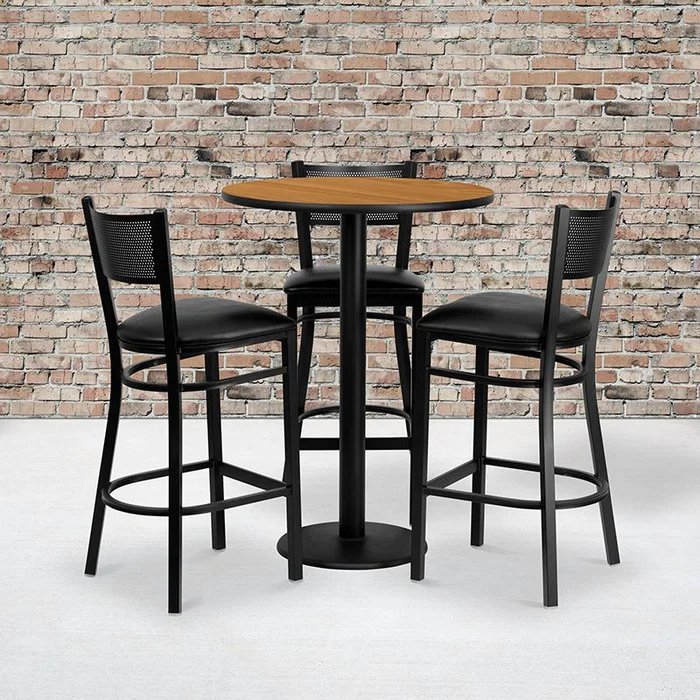 30” Round Natural Laminate Table Set With 3 Grid Back Metal Barstools – Black Vinyl Seat By Flash Furniture – Natural Top , Black Vinyl Seat