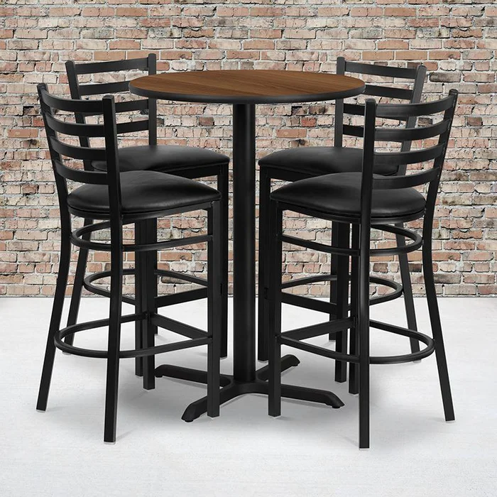 30” Round Walnut Laminate Table Set With X-Base And 4 Ladder Back Metal Barstools – Black Vinyl Seat By Flash Furniture – Walnut Top , Black Vinyl Seat