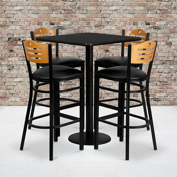 30” Square Black Laminate Table Set With 4 Wood Slat Back Metal Barstools – Black Vinyl Seat By Flash Furniture – Black