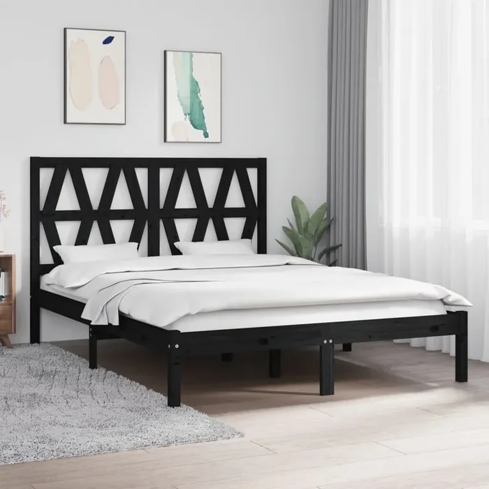 3103982 vidaXL Bed Frame without Mattress Black Solid Wood 140×190 cm (810001+818624)