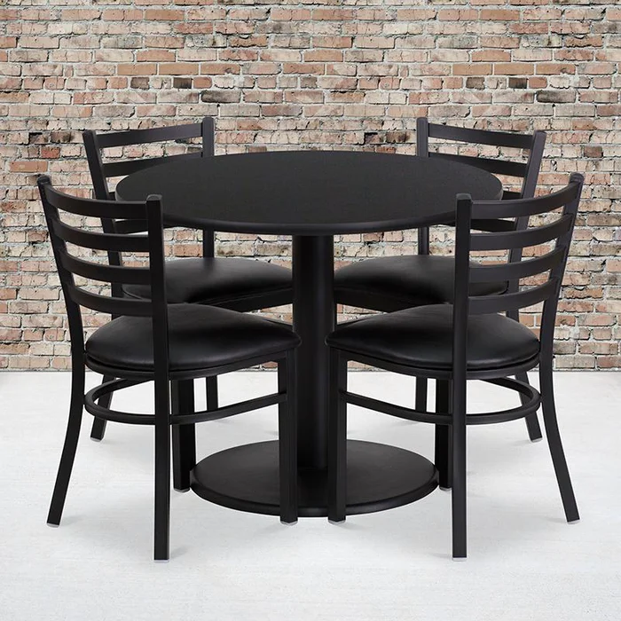 36” Round Black Laminate Table Set With Round Base And 4 Ladder Back Metal Chairs – Black Vinyl Seat By Flash Furniture – Black Top , Black Vinyl Seat