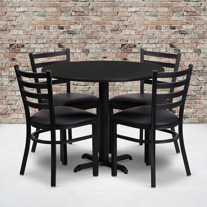 36” Round Black Laminate Table Set With X-Base And 4 Ladder Back Metal Chairs – Black Vinyl Seat By Flash Furniture – Black Top , Black Vinyl Seat