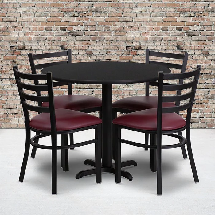 36” Round Black Laminate Table Set With X-Base And 4 Ladder Back Metal Chairs – Burgundy Vinyl Seat By Flash Furniture – Black Top , Burgundy Vinyl Seat