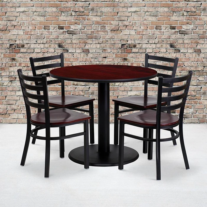 36” Round Mahogany Laminate Table Set With 4 Ladder Back Metal Chairs – Mahogany Wood Seat By Flash Furniture – Mahogany