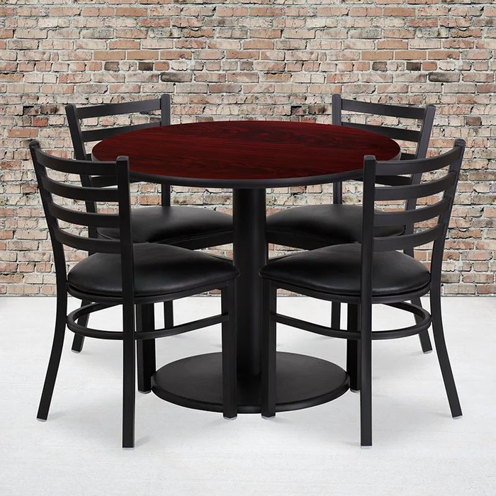 36” Round Mahogany Laminate Table Set With Round Base And 4 Ladder Back Metal Chairs – Black Vinyl Seat By Flash Furniture – Mahogany Top , Black Vinyl Seat