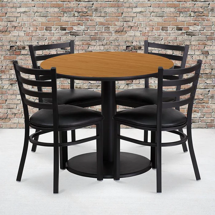 36” Round Natural Laminate Table Set With Round Base And 4 Ladder Back Metal Chairs – Black Vinyl Seat By Flash Furniture – Natural Top , Black Vinyl Seat