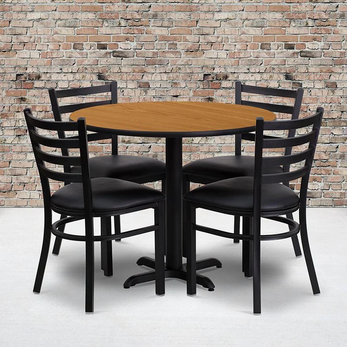 36” Round Natural Laminate Table Set With X-Base And 4 Ladder Back Metal Chairs – Black Vinyl Seat By Flash Furniture – Natural Top , Black Vinyl Seat