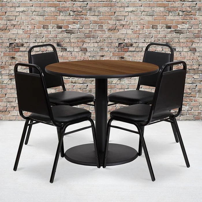 36” Round Walnut Laminate Table Set With Round Base And 4 Black Trapezoidal Back Banquet Chairs By Flash Furniture – Walnut Top , Black Vinyl Seat