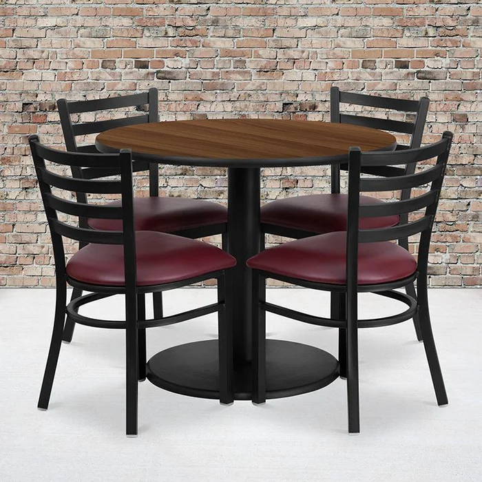 36” Round Walnut Laminate Table Set With Round Base And 4 Ladder Back Metal Chairs – Burgundy Vinyl Seat By Flash Furniture – Walnut Top , Burgundy Vinyl Seat