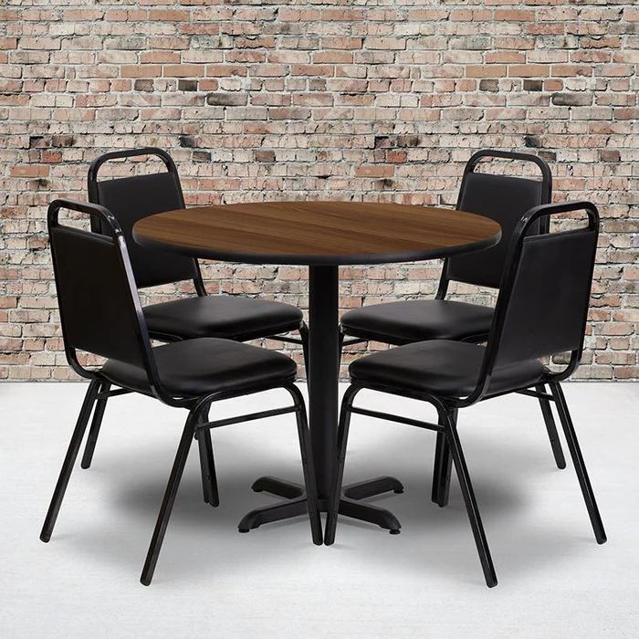 36” Round Walnut Laminate Table Set With X-Base And 4 Black Trapezoidal Back Banquet Chairs By Flash Furniture – Walnut Top , Black Vinyl Seat