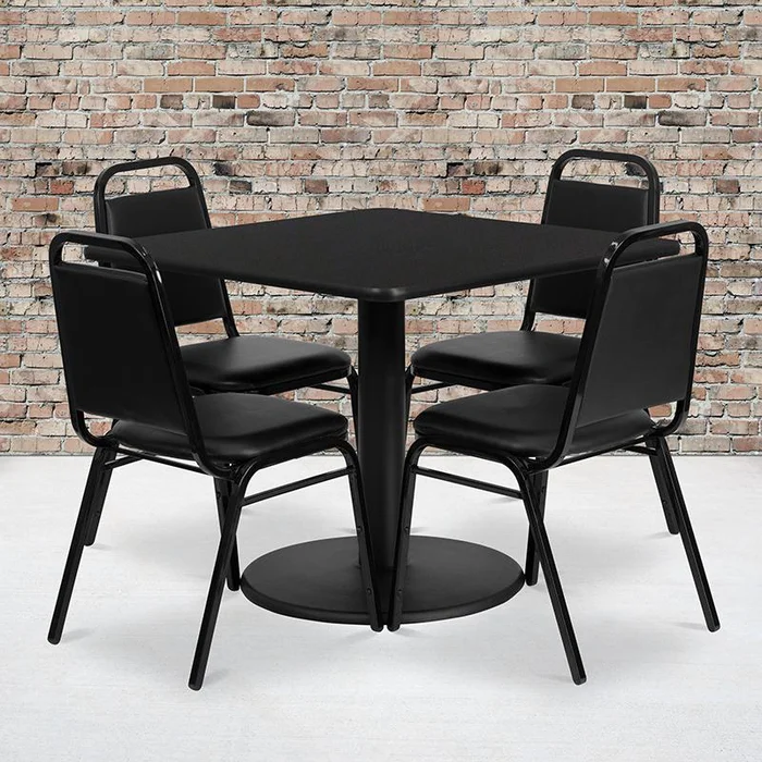 36” Square Black Laminate Table Set With Round Base And 4 Black Trapezoidal Back Banquet Chairs By Flash Furniture – Black Top , Black Vinyl Seat