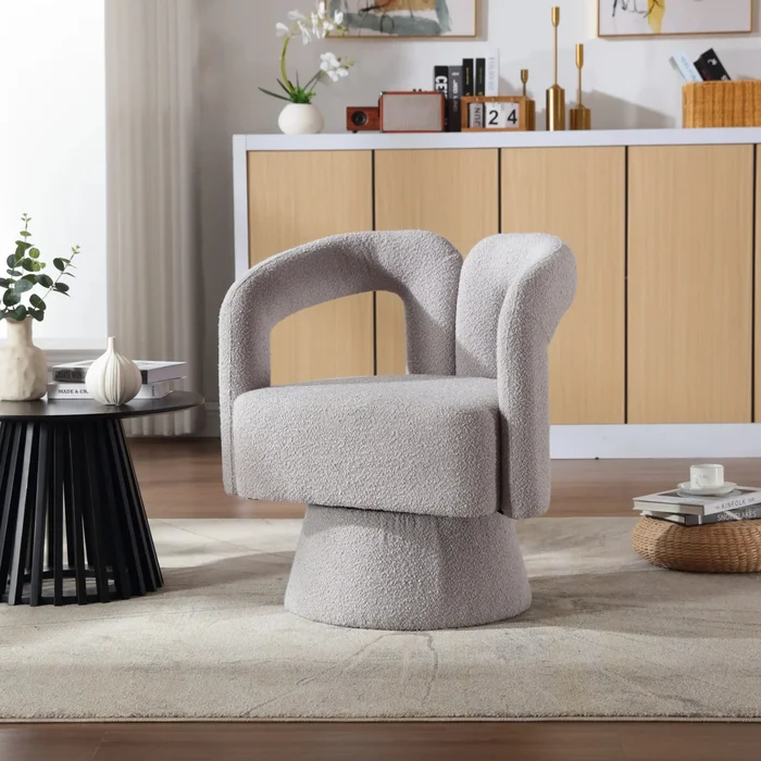360° Swivel Cuddle Barrel Accent Chair, Light Gray Boucle