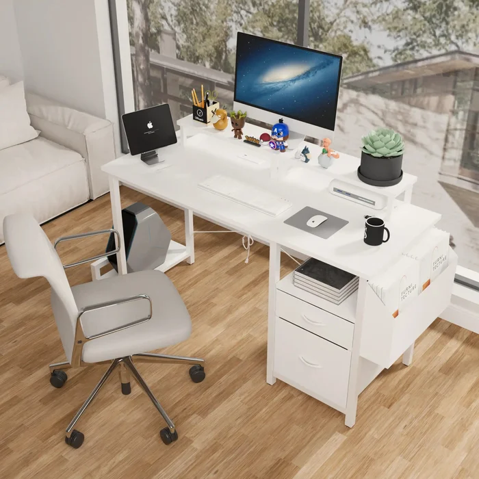 47.3″ White Office Desk with Power Outlet and Monitor Stands