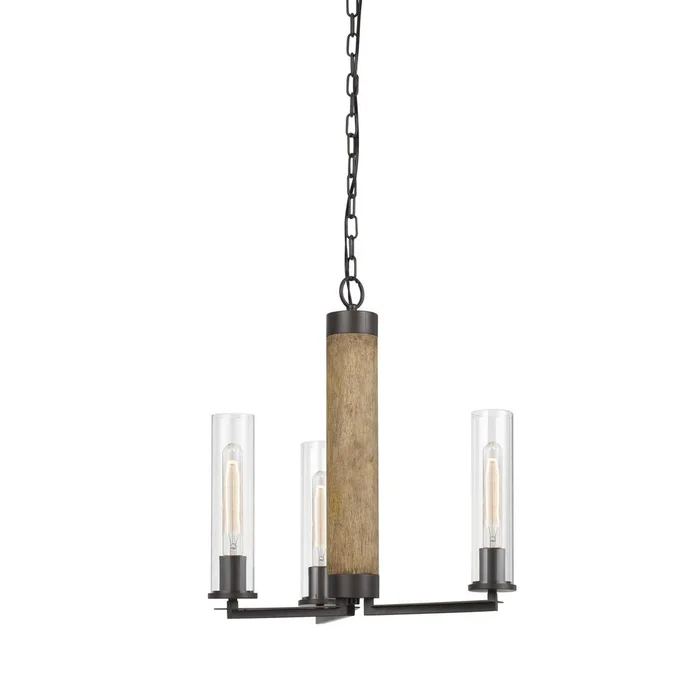 60W X 3 Silverton Metal/Wood 3 Light Chandelier With Glass Shades. (Edison Bulbs Included) By Cal Lighting – Dark Bronze/Wood