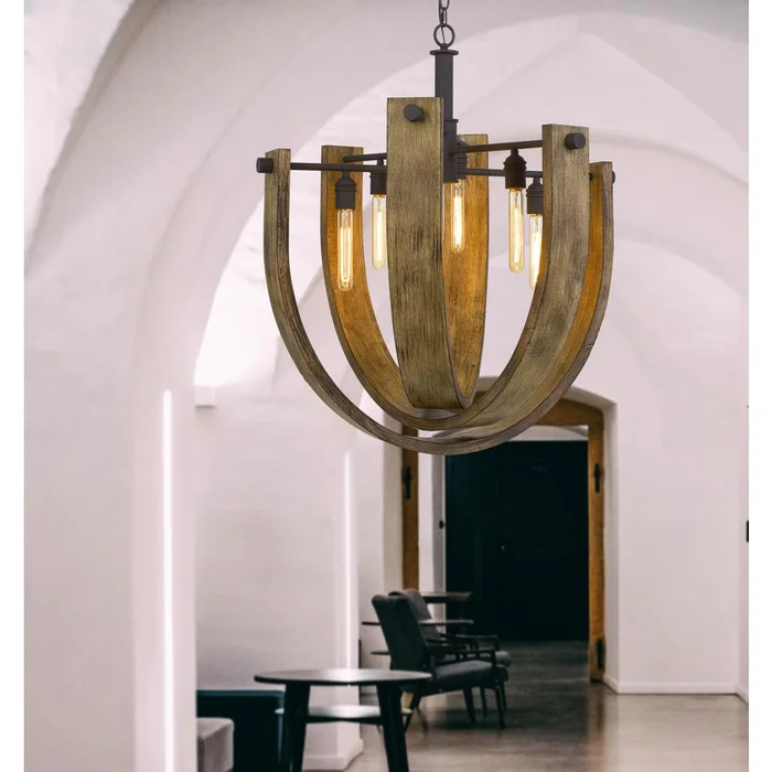 60W X 6 Padova Metal/Wood Chandelier (Edison Bulbs Are Not Included) B