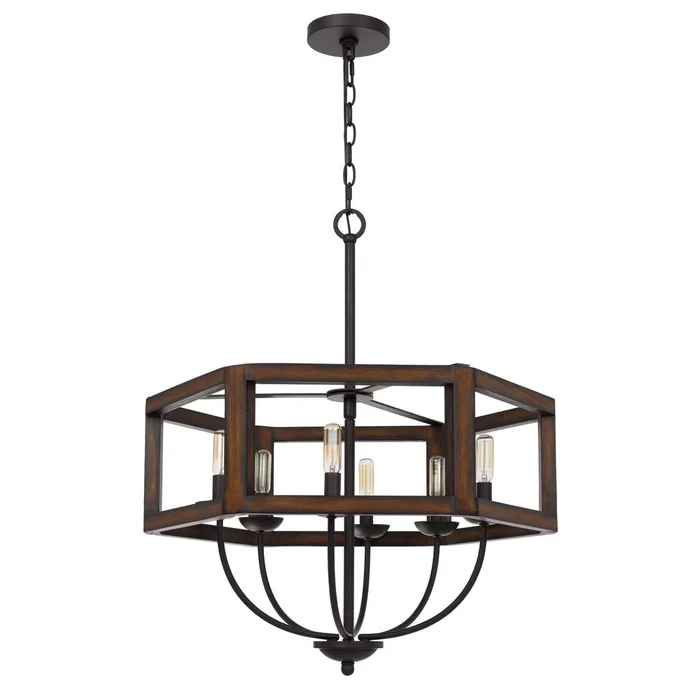 60W X 6 Renton Hexagon Rubber Wood / Metal Chandelier By Cal Lighting – Oak
