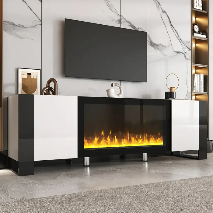 68″ Modern TV Stand with Electric Fireplace and Cabinets