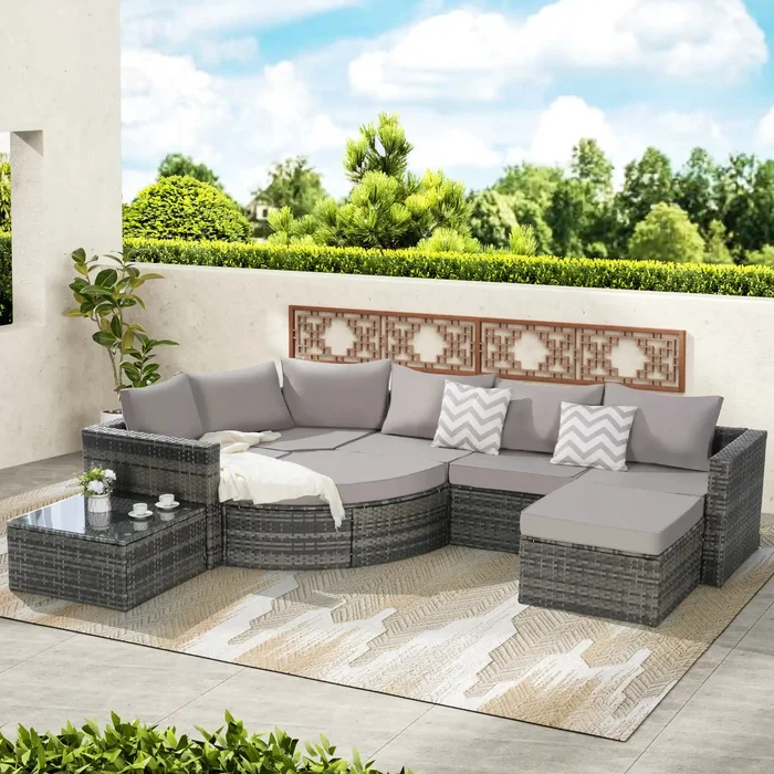 8 Piece L- Shaped Outdoor Patio Sofa Set with Ottoman & Glass Top Table