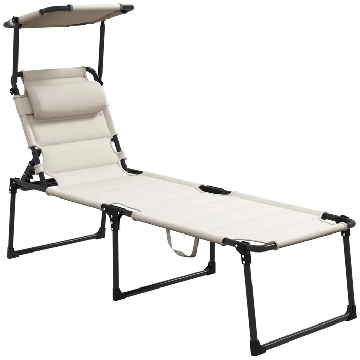 Adjustable Outdoor Lounge Chair, Cream White, with Sunshade & Pillow