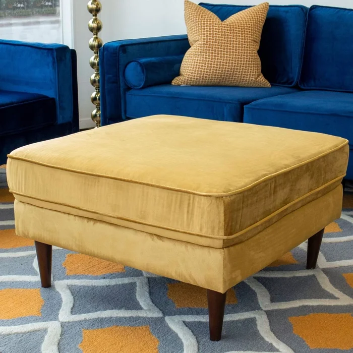 Amber Square Upholstered Ottoman (Yellow Velvet)