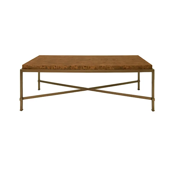Antique Brass Frame Coffee Table With Thick Top In Dark Burl Wood