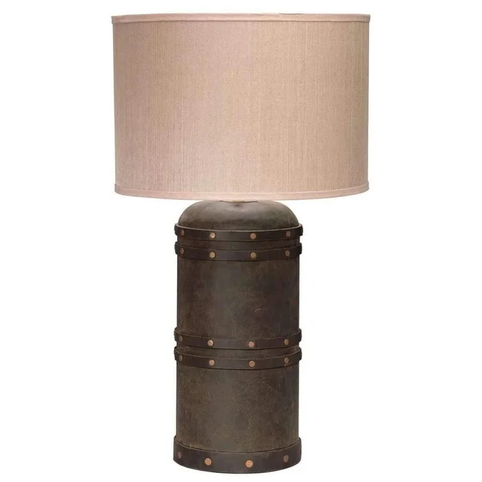Barrel Table Lamp in Vintage Leather with Classic Drum Shade in Elephant Hemp