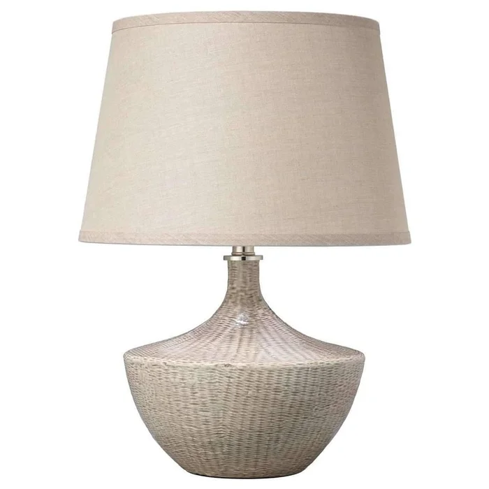 Basketweave Table Lamp in Off White Ceramic with Medium Open Cone Shade in Natural Linen