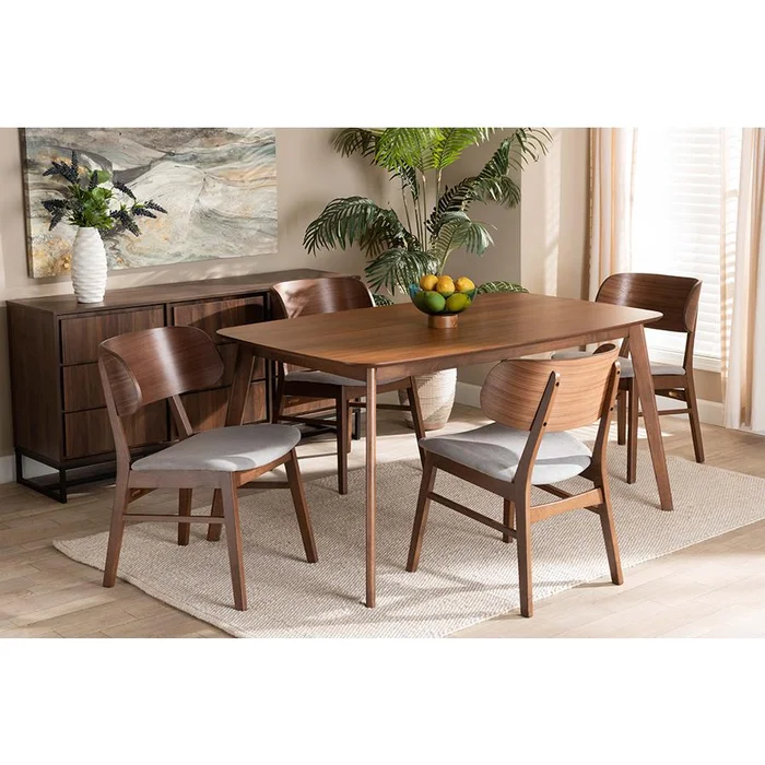 Baxton Studio Alston Mid-Century Modern Grey Fabric Upholstered and Walnut Brown Finished Wood 5-Piece Dining Set – Grey, Walnut Brown