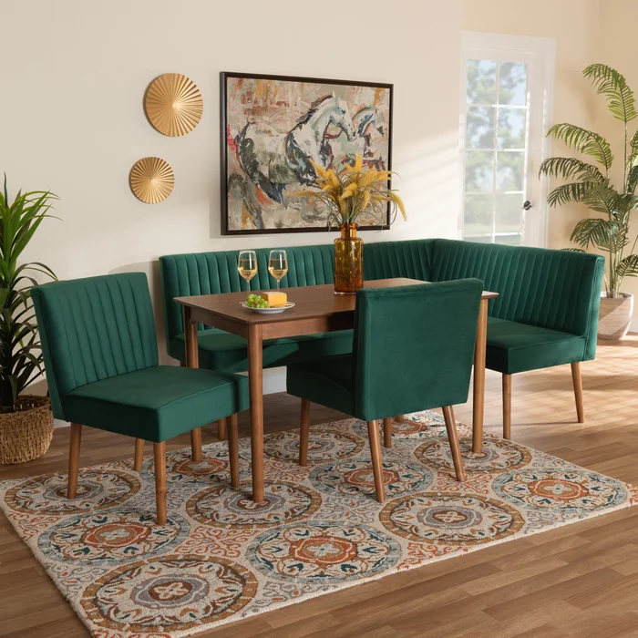 Baxton Studio Alvis Mid-Century Modern Emerald Green Velvet Upholstered And Walnut Brown Finished Wood 5-Piece Dining Nook Set – Emerald Green, Walnut Brown