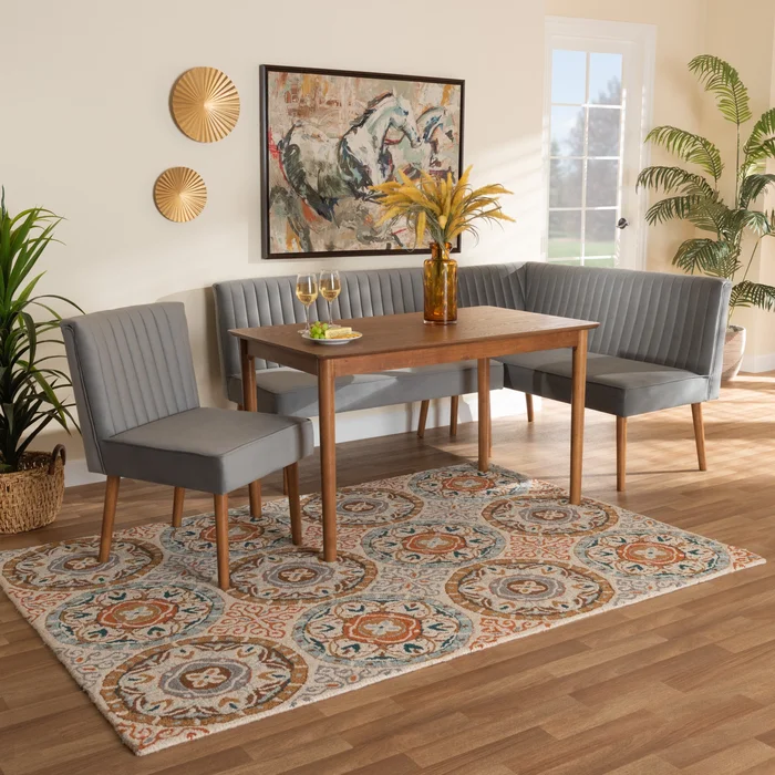 Baxton Studio Alvis Mid-Century Modern Grey Velvet Upholstered And Walnut Brown Finished Wood 4-Piece Dining Nook Set – Grey, Walnut Brown