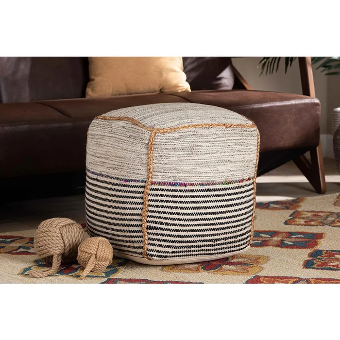 Baxton Studio Arta Modern and Contemporary Bohemian Multi-Colored Handwoven Wool Blend Pouf Ottoman – Beige, Multi-Colored
