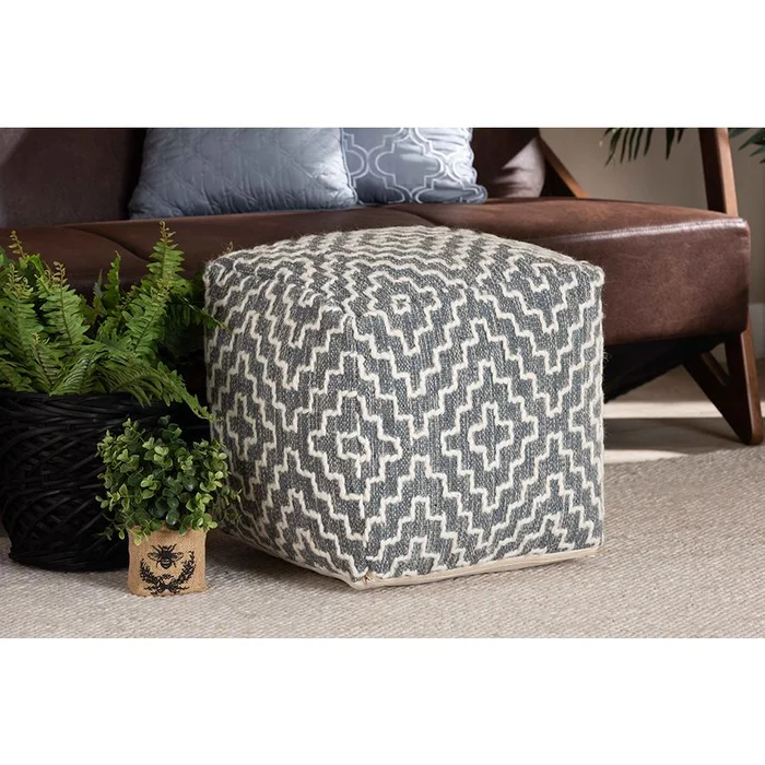 Baxton Studio Benjamin Modern and Contemporary Bohemian Grey and Ivory Handwoven Cotton Blend Pouf Ottoman – Grey, Ivory