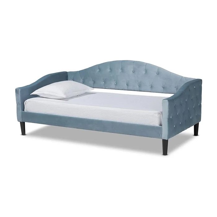 Baxton Studio Benjamin Modern and Contemporary Light Blue Velvet Fabric Upholstered and Dark Brown Finished Wood Twin Size Daybed – Light Blue, Dark Brown