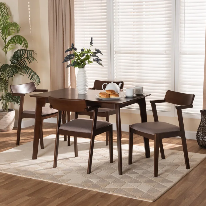 Baxton Studio Berenice Mid-Century Modern Transitional Warm Grey Fabric And Dark Brown Finished Wood 5-Piece Dining Set – Warm Grey, Dark Brown