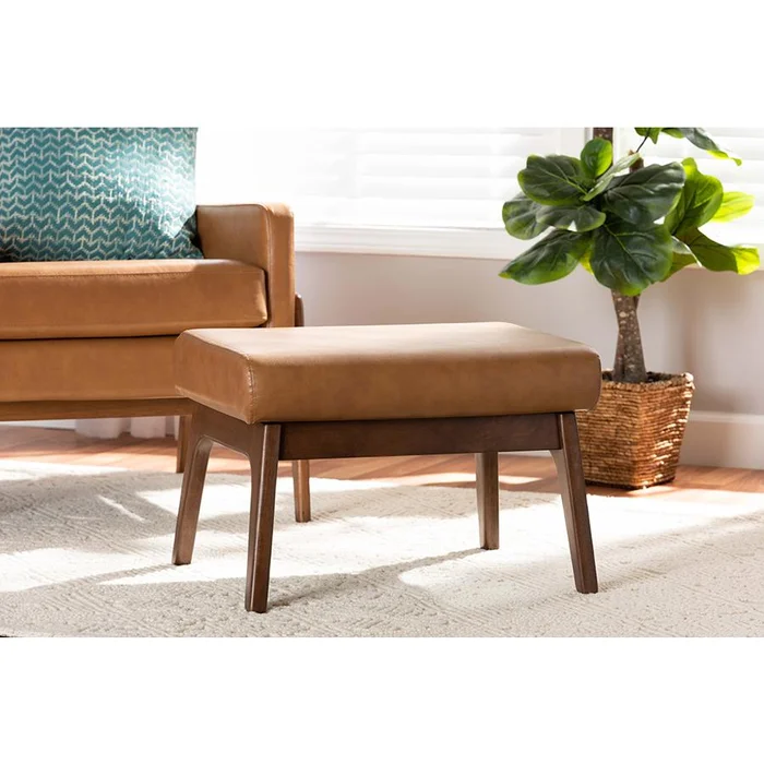 Baxton Studio Bianca Mid-Century Modern Walnut Brown Finished Wood and Tan Faux Leather Effect Ottoman – Tan, Walnut Brown
