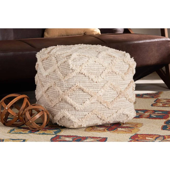 Baxton Studio Carilyn Modern and Contemporary Moroccan Inspired Ivory Handwoven Wool Blend Pouf Ottoman – Ivory
