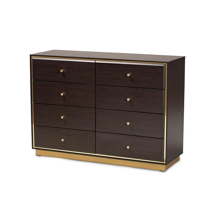 Baxton Studio Cormac Modern and Contemporary Espresso Brown Finished Wood and Gold Metal 8-Drawer Dresser – Espresso Brown, Gold