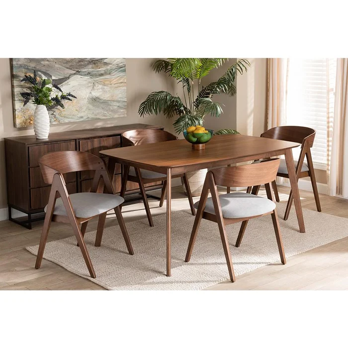 Baxton Studio Danton Mid-Century Modern Grey Fabric Upholstered and Walnut Brown Finished Wood 5-Piece Dining Set – Grey, Walnut Brown