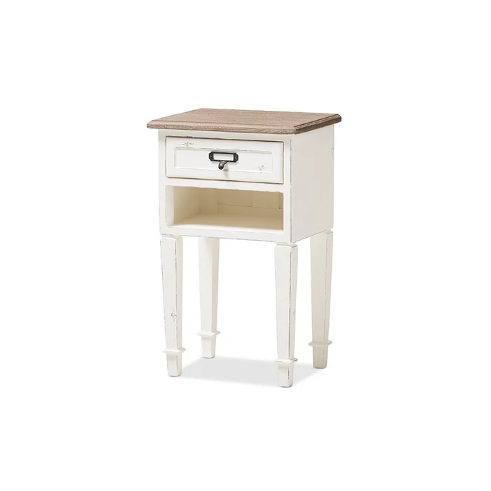 Baxton Studio Dauphine Provincial Style Weathered Oak and White Wash Distressed Finish Wood Nightstand – White , Natural