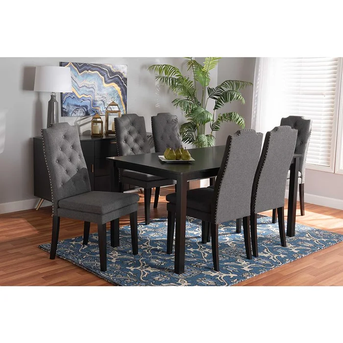 Baxton Studio Dylin Modern and Contemporary Dark Grey Fabric Upholstered and Dark Brown Finished Wood 7-Piece Dining Set – Dark Grey, Dark Brown