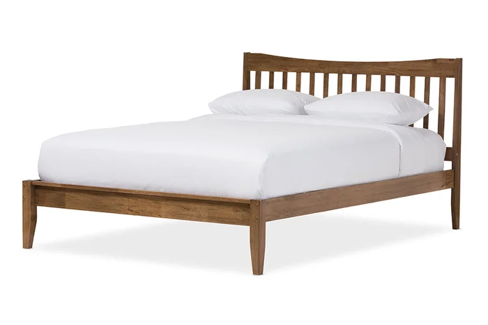 Baxton Studio Edeline Mid-Century Modern Solid Walnut Wood Curvaceous Slatted King Size Platform Bed – “Walnut” Brown