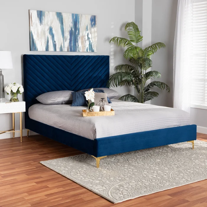 Baxton Studio Fabrico Contemporary Glam And Luxe Navy Blue Velvet Fabric Upholstered And Gold Metal King Size Platform Bed – Navy Blue, Gold